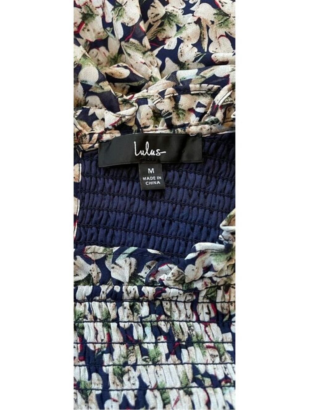 Lulus Floral Forever Navy Blue Beige Smocked Long Sleeve Mini Dress Medium - Picture 9 of 9